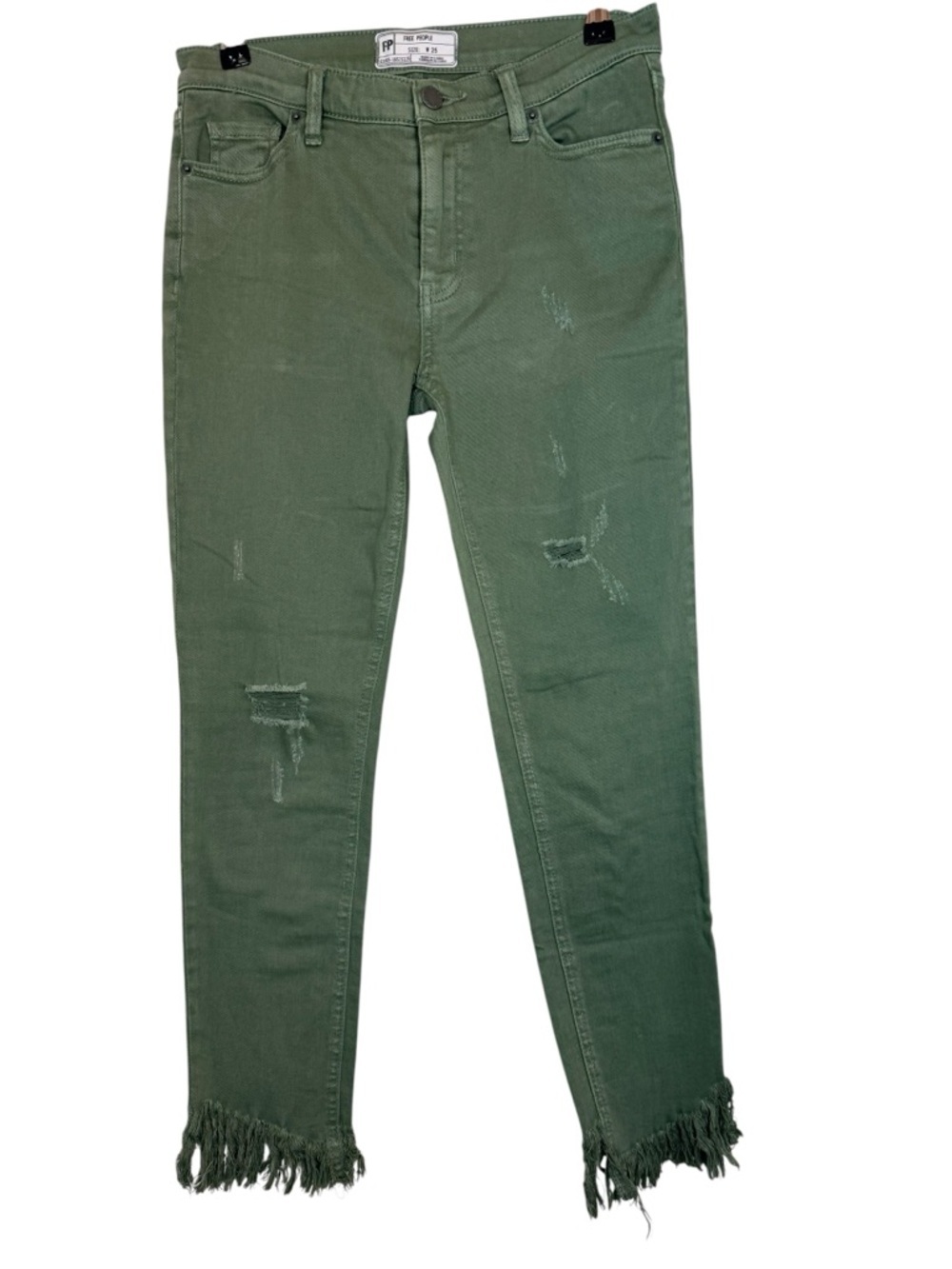 Free People Olive Green Distressed Jeans Frayed Hem Size 25 Boho Raw Hem - Picture 3 of 9